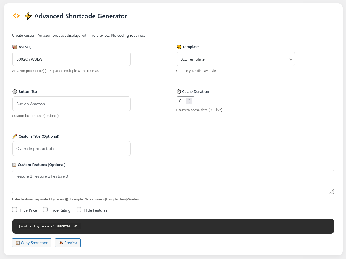 AmDisplay Lite Advanced Shortcode Generator